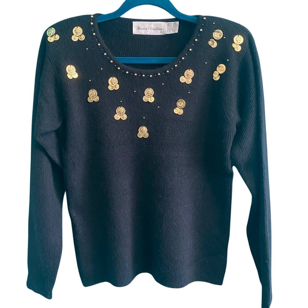 Marisa Christina Lambswool Angora Black Gold Medallion Sweater Size S-M